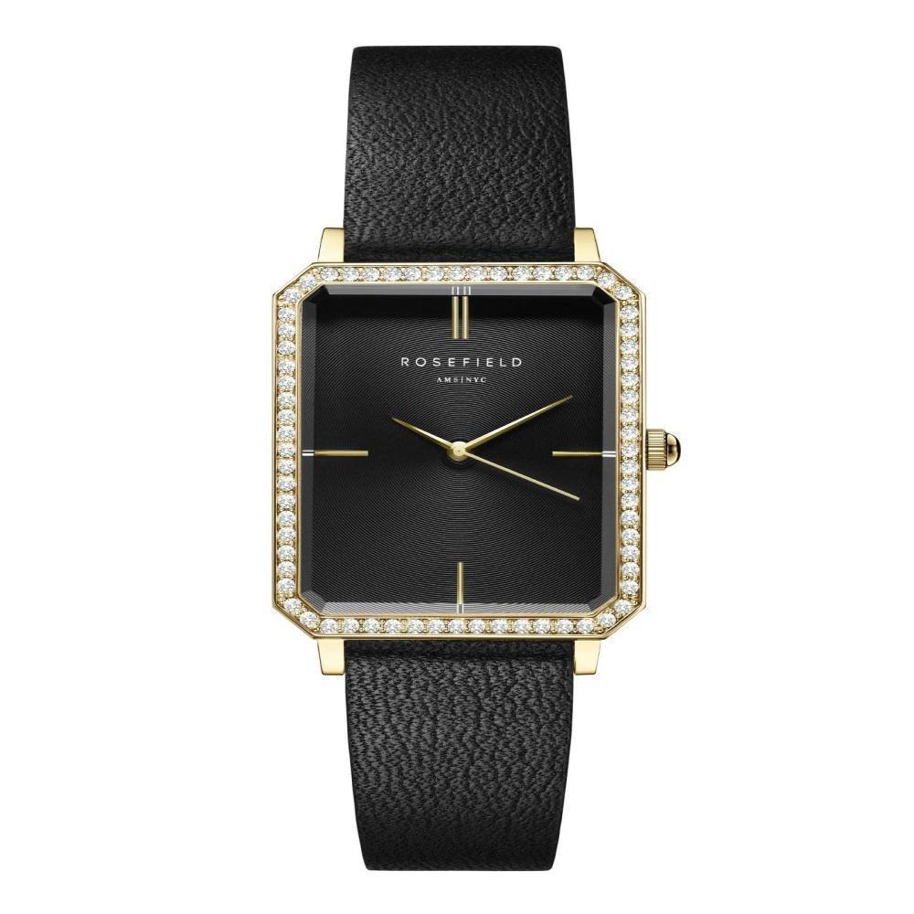 ROSEFIELD Women's Watch The Octagon Black Sunray Crystal Black Leather Gold OBBLG-O51