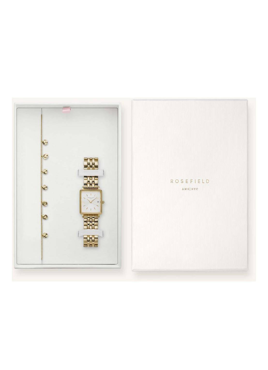 ROSEFIELD Uhren-Set Boxy XS White Sunray Gold + Multi Liquid Charms Armband Gold BMWLBG-X241
