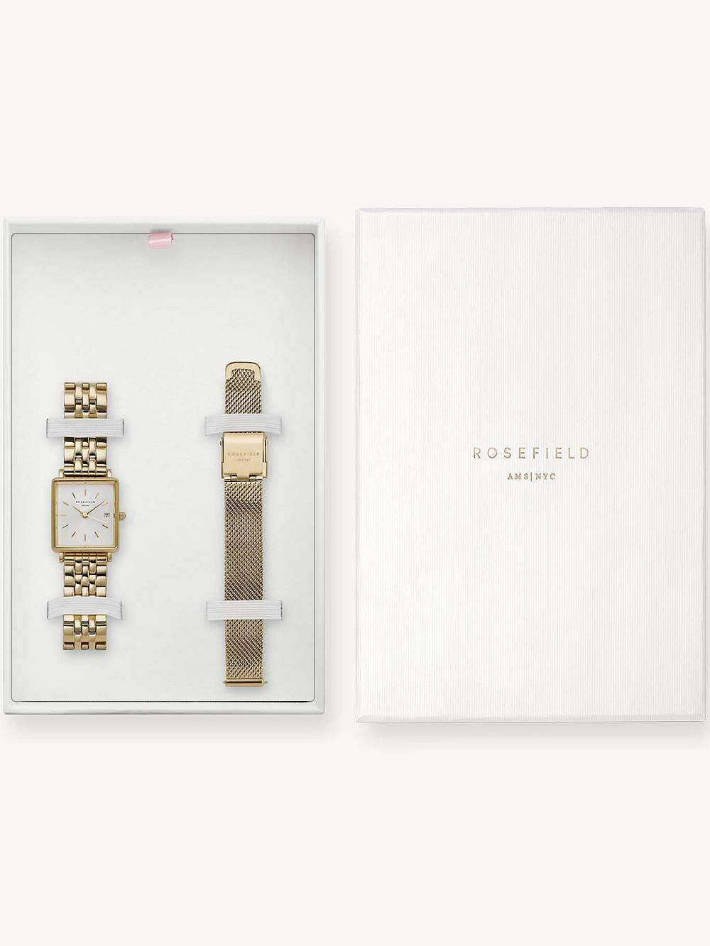 ROSEFIELD Uhren-Set Boxy XS White Sunray Gold + Mesh Gold Strap BMWMG-X240