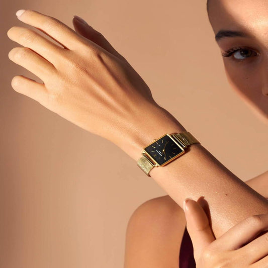 ROSEFIELD Damenuhr Boxy Schwarz Mesh Gold eckig QBMG-Q06