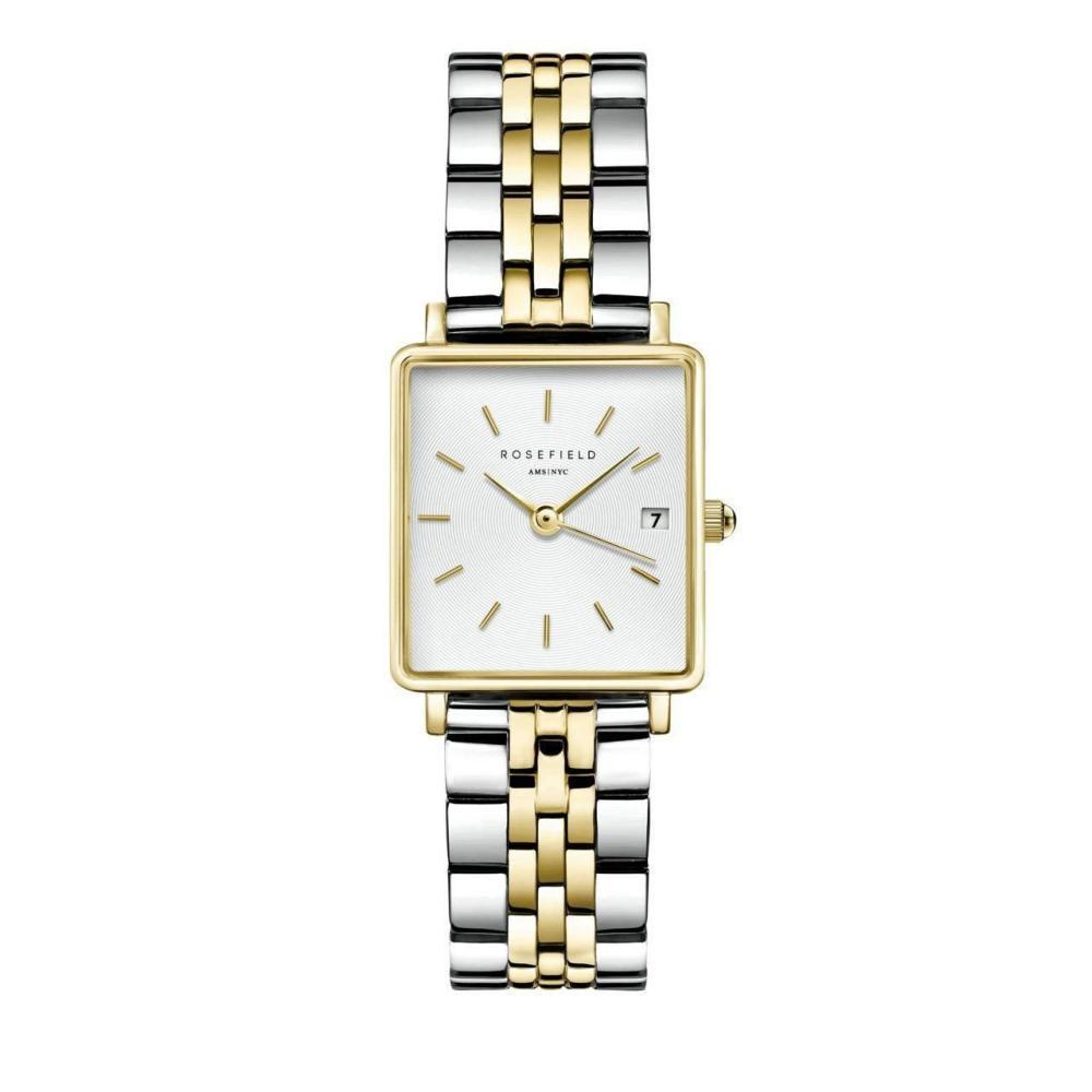ROSEFIELD Women's Watch The Boxy XS White Sunray Steel Silver Gold Duo QMWSSG-Q023