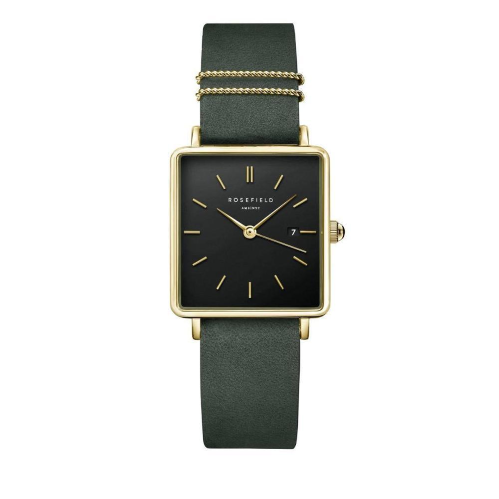 ROSEFIELD Damenuhr Boxy Schwarz Leder Grün Gold eckig QBFGG-Q031