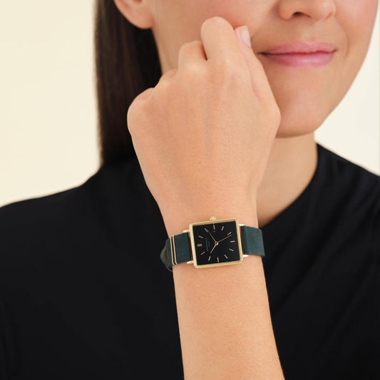 ROSEFIELD Damenuhr Boxy Schwarz Leder Grün Gold eckig QBFGG-Q031