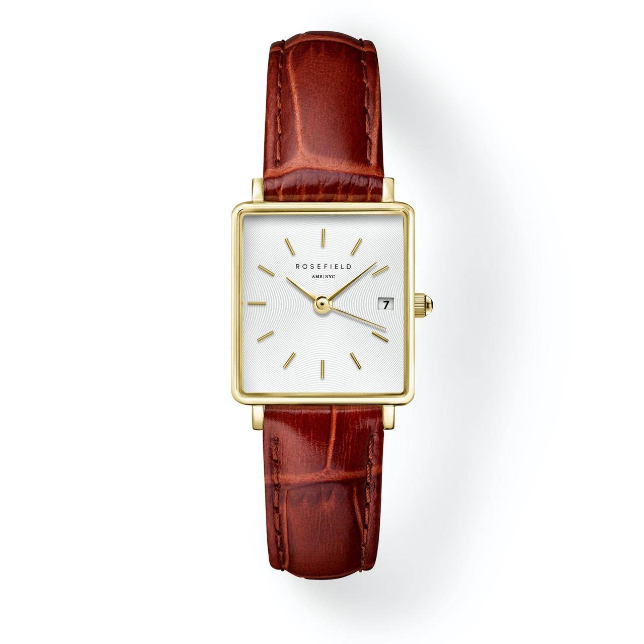 ROSEFIELD Damenuhr Boxy XS White Medium Brown Leather Gold QWBLG-Q55