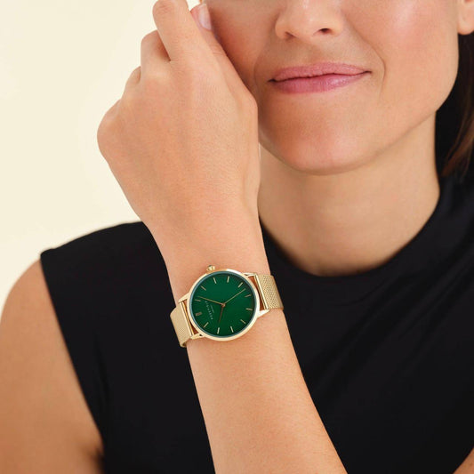 ROSEFIELD Women's Watch Pearl Edit Emerald Green Round Mesh Gold PEGMG-R10