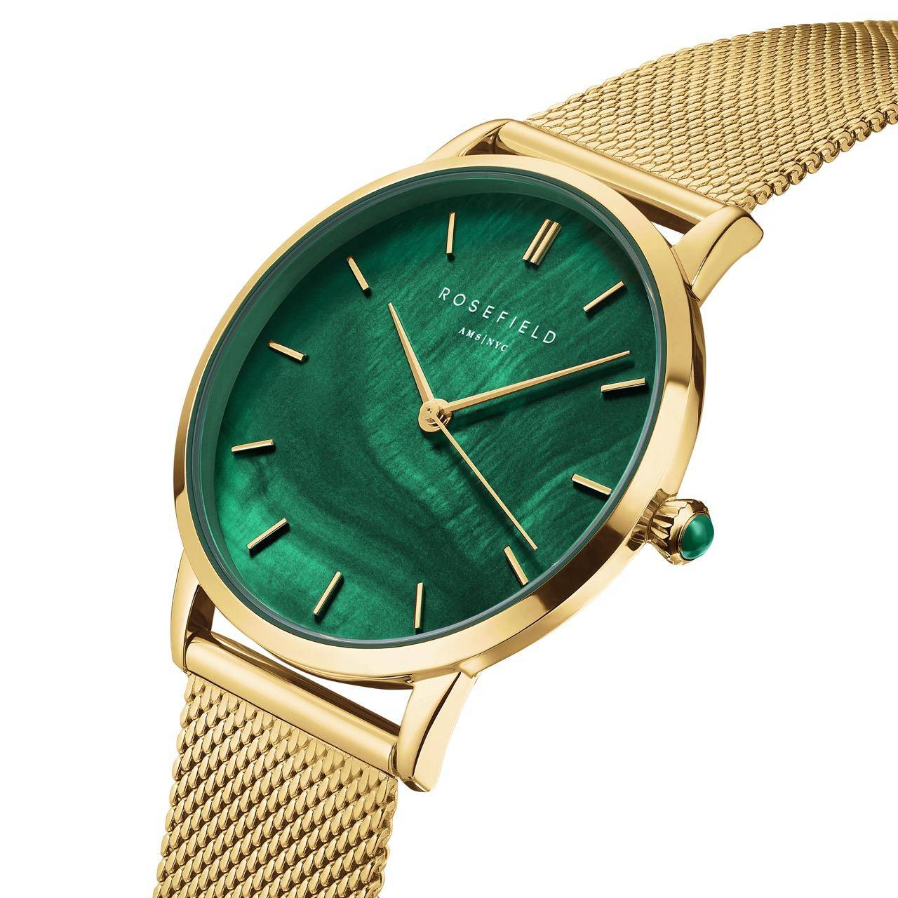 ROSEFIELD Women's Watch Pearl Edit Emerald Green Round Mesh Gold PEGMG-R10