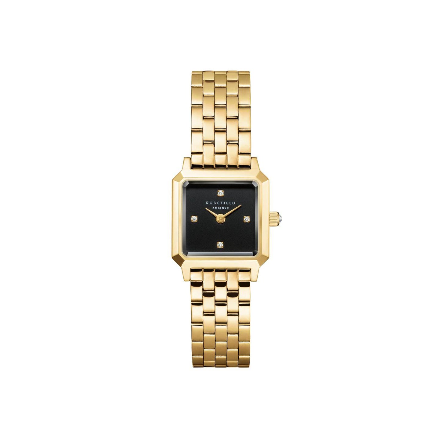 ROSEFIELD Damenuhr BOXELLE Schwarz-Gold 4 Kristall-Steine