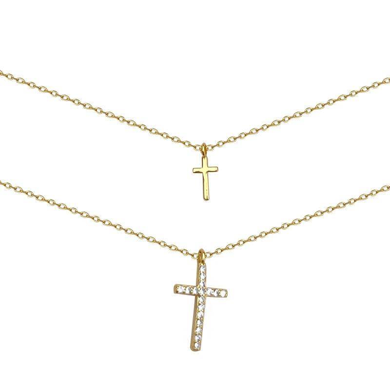 AMORETTO MILANO 925 Silber Doppelte Kette 2-Kreuze Zirkoniasteine Gold