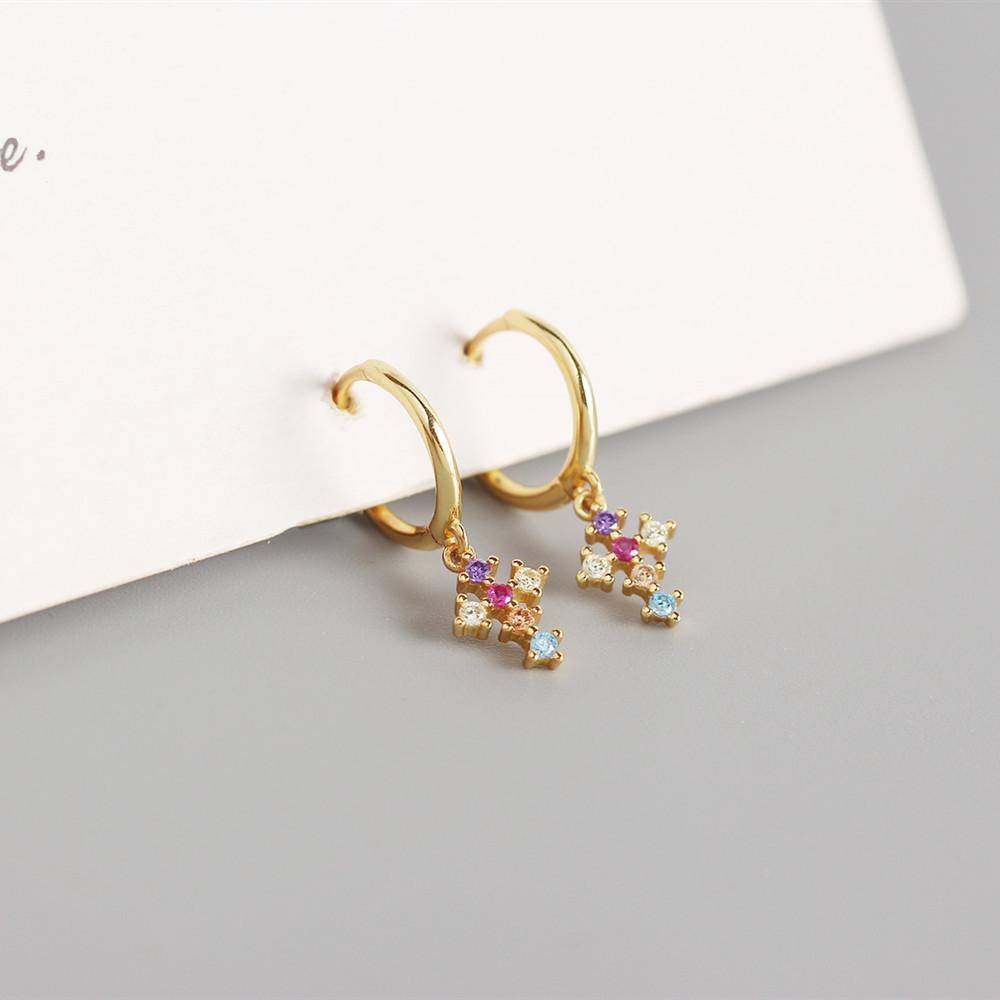 AMORETTO MILANO 925 Silver Cross Hoop Earrings Colorful Zirconia Stones Gold