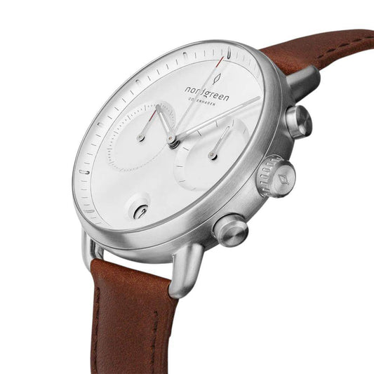 NORDGREEN Montre Homme Pioneer Chronographe 42 mm Argent Cuir Marron