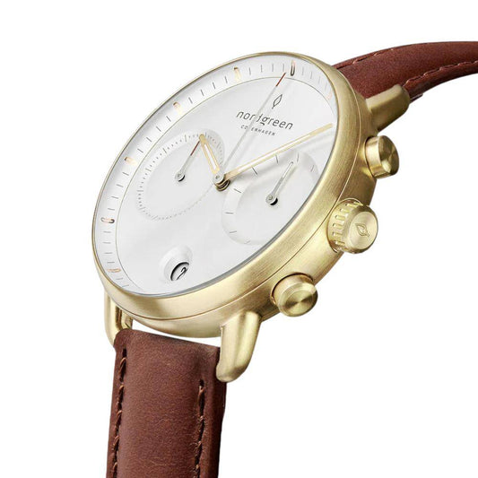 NORDGREEN Montre Homme Pioneer Chronographe 42 mm Or Cuir Marron