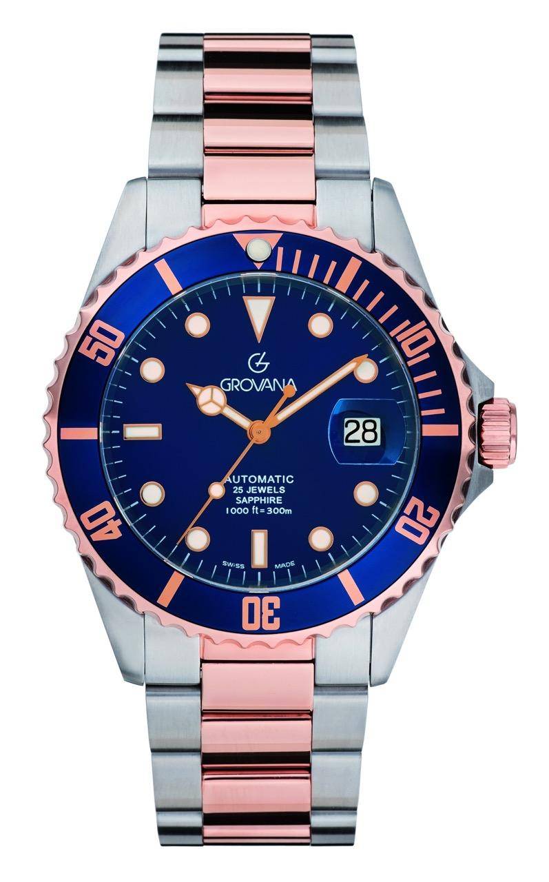 GROVANA Uhr Key West Bicolor rose blue bez. Metal Blue Index 43mm Herren 1571,2155