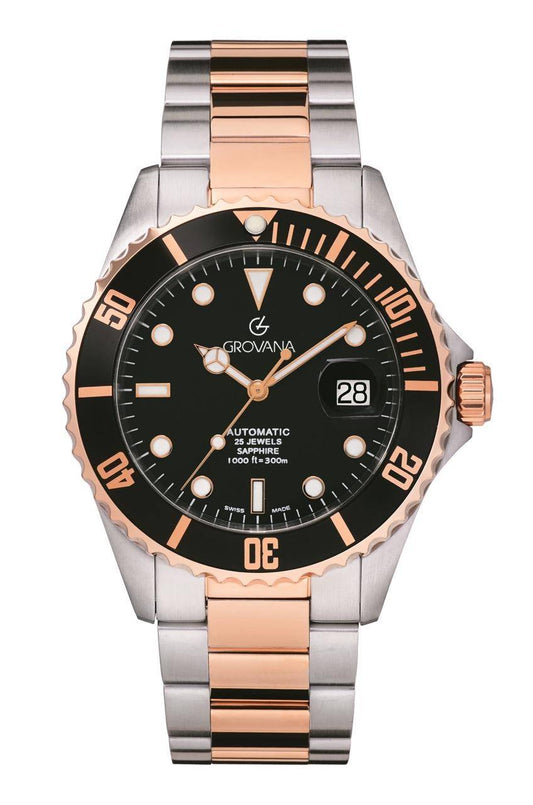 GROVANA Uhr Key West Bicolor rose black bez. Metal Black Index 43mm Herren 1571,2157