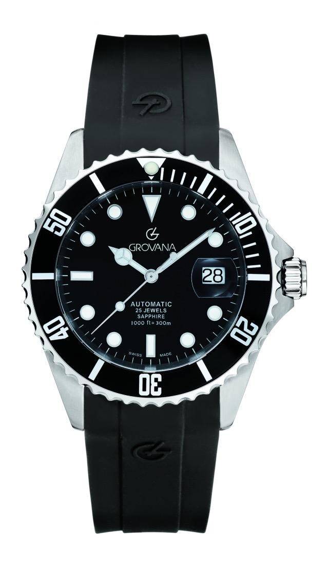 GROVANA Uhr Key West Steel black bezel Silicon Black Index 43mm Herren 1571,2837