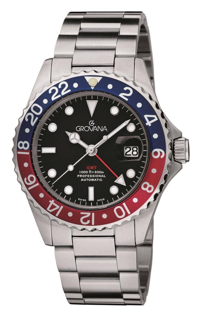 GROVANA Uhr Key West Steel red-blue bez. Metal Black Index 43mm Herren 1572,2135
