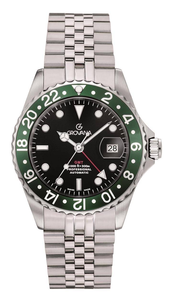 GROVANA Uhr Key West Steel green bezel Metal Celebration Black Index 43mm Herren 1572,2234