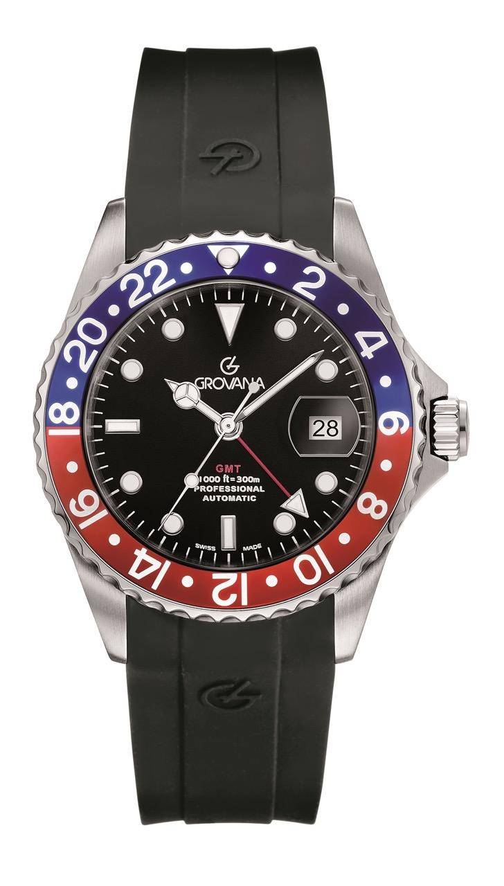 GROVANA Uhr Key West Steel red-blue bez. Silicon Black Index 43mm Herren 1572,2835