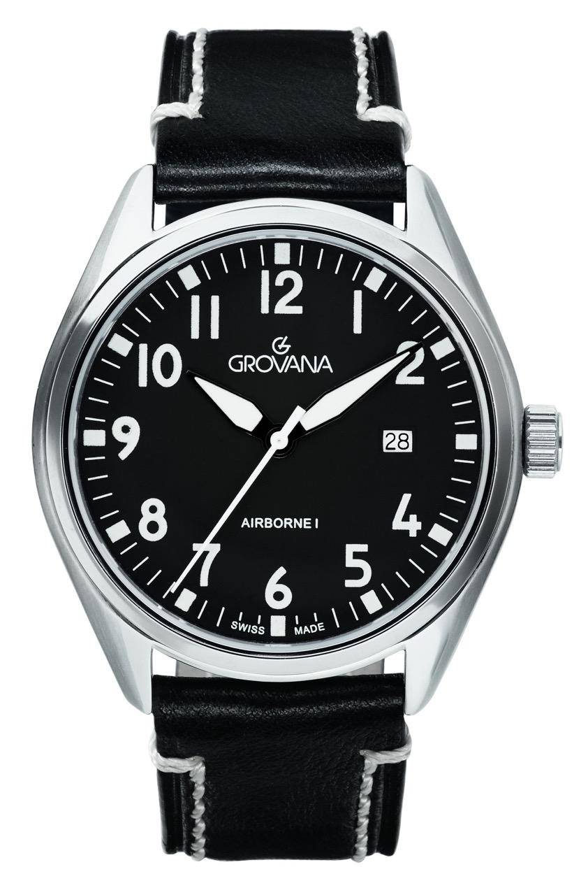 GROVANA Uhr Airborne l Steel Leather Black 43mm Herren 1654,1537