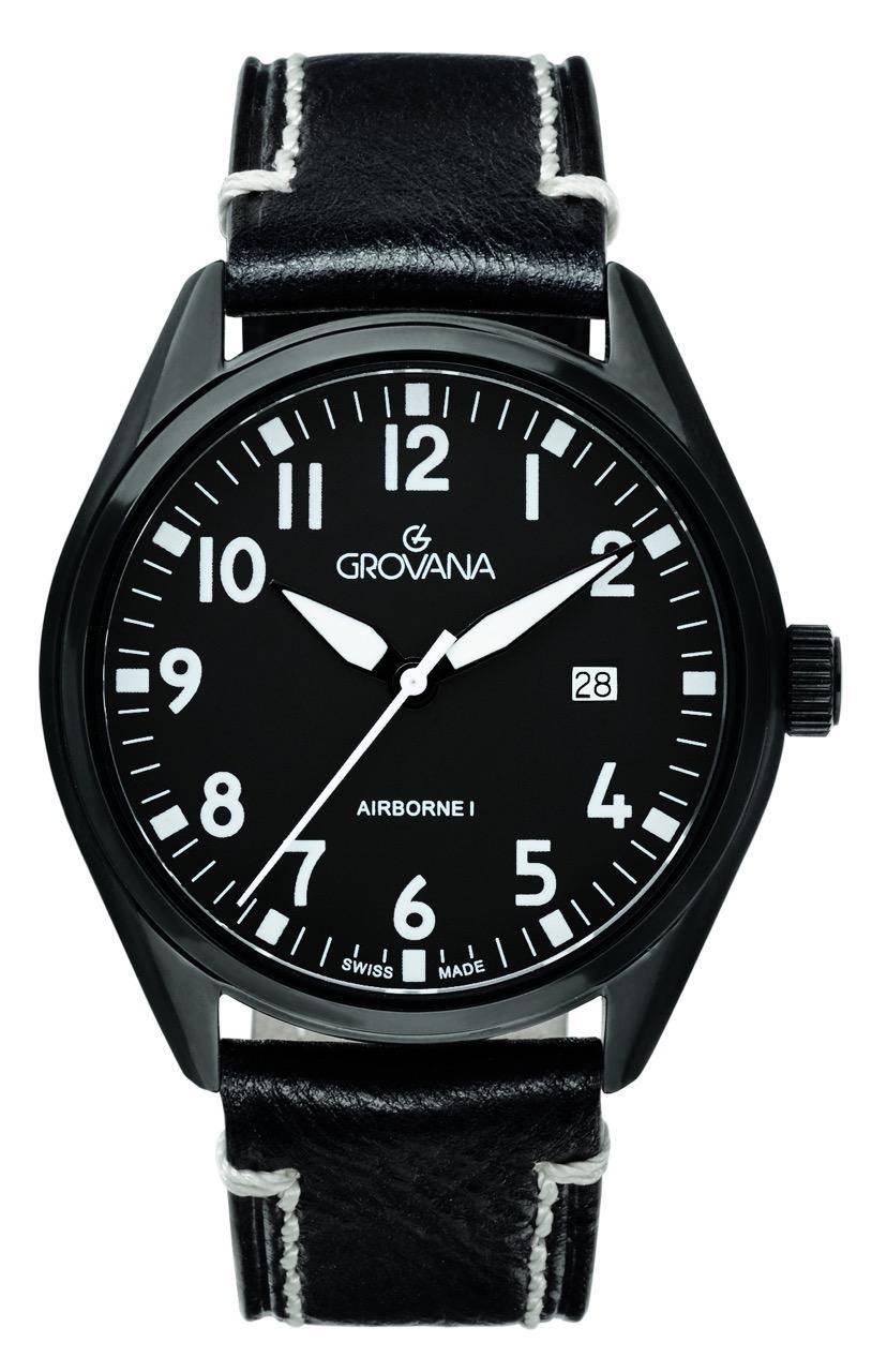 GROVANA Uhr Airborne l Steel-black Leather Black 43mm Herren 1654,1577