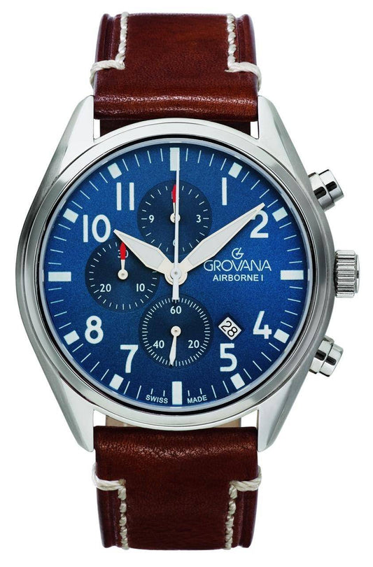 GROVANA Uhr Airborne l Steel Leather Blue 43mm Herren 1654,9535