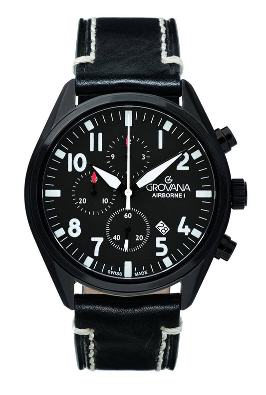 GROVANA Uhr Airborne l Steel-black Leather Black 43mm Herren 1654,9577