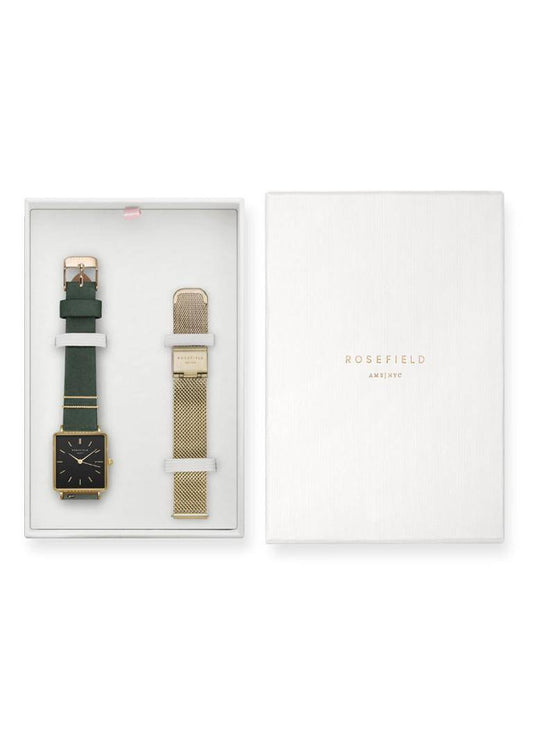 ROSEFIELD Uhren-Set Boxy Black Forest Green Gold + Mesh Gold Strap BFGMG-X237