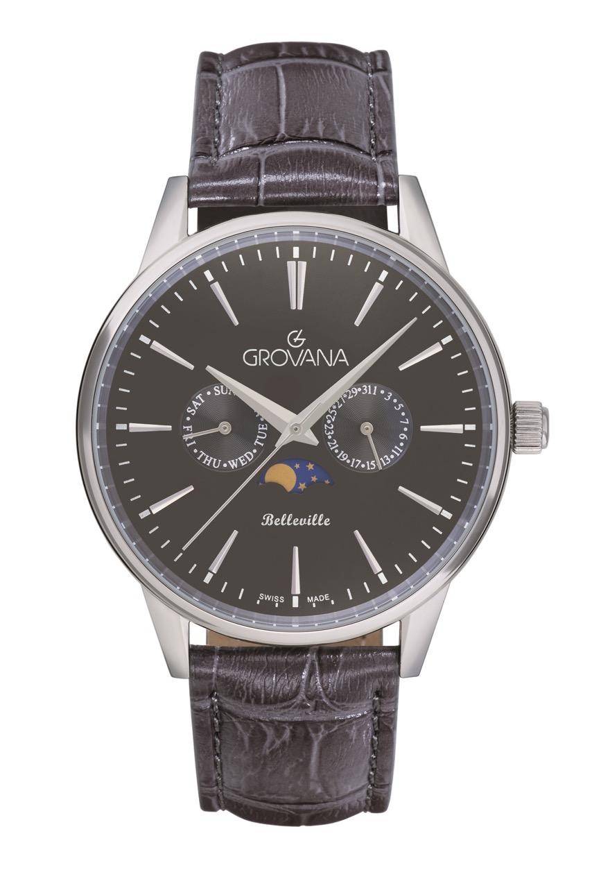 GROVANA Uhr Belleville Leder Anthrazit Mondphase index 41.5mm 1766,1537