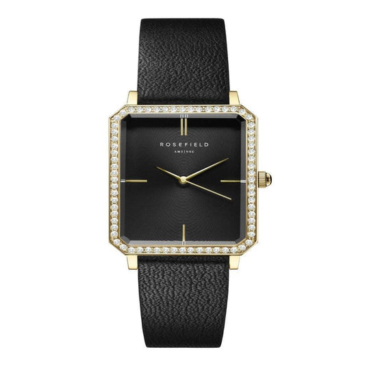 ROSEFIELD Women's Watch The Octagon Black Sunray Crystal Black Leather Gold OBBLG-O51