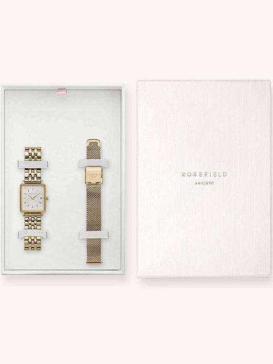 ROSEFIELD Uhren-Set Boxy XS White Sunray Gold + Mesh Gold Strap BMWMG-X240