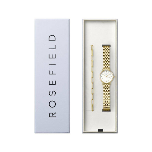ROSEFIELD Damen Set Uhr Small Edit White Gold + Hammered Chainlink Armband Gold Edelstahl 26WGSG-X278