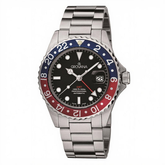 GROVANA Uhr Key West Steel red-blue bez. Metal Black Index 43mm Herren 1572,2135