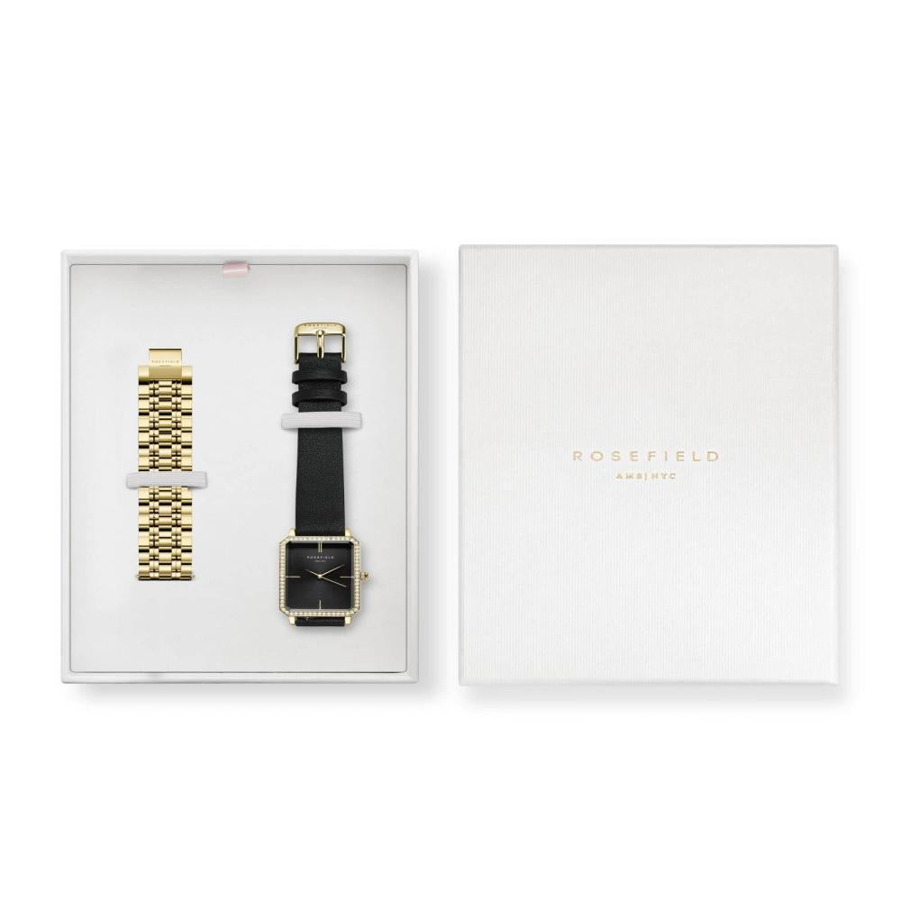 ROSEFIELD Watch Set Octagon Black Sunray Crystal Black Leather + Gold Band OBBLG-X272