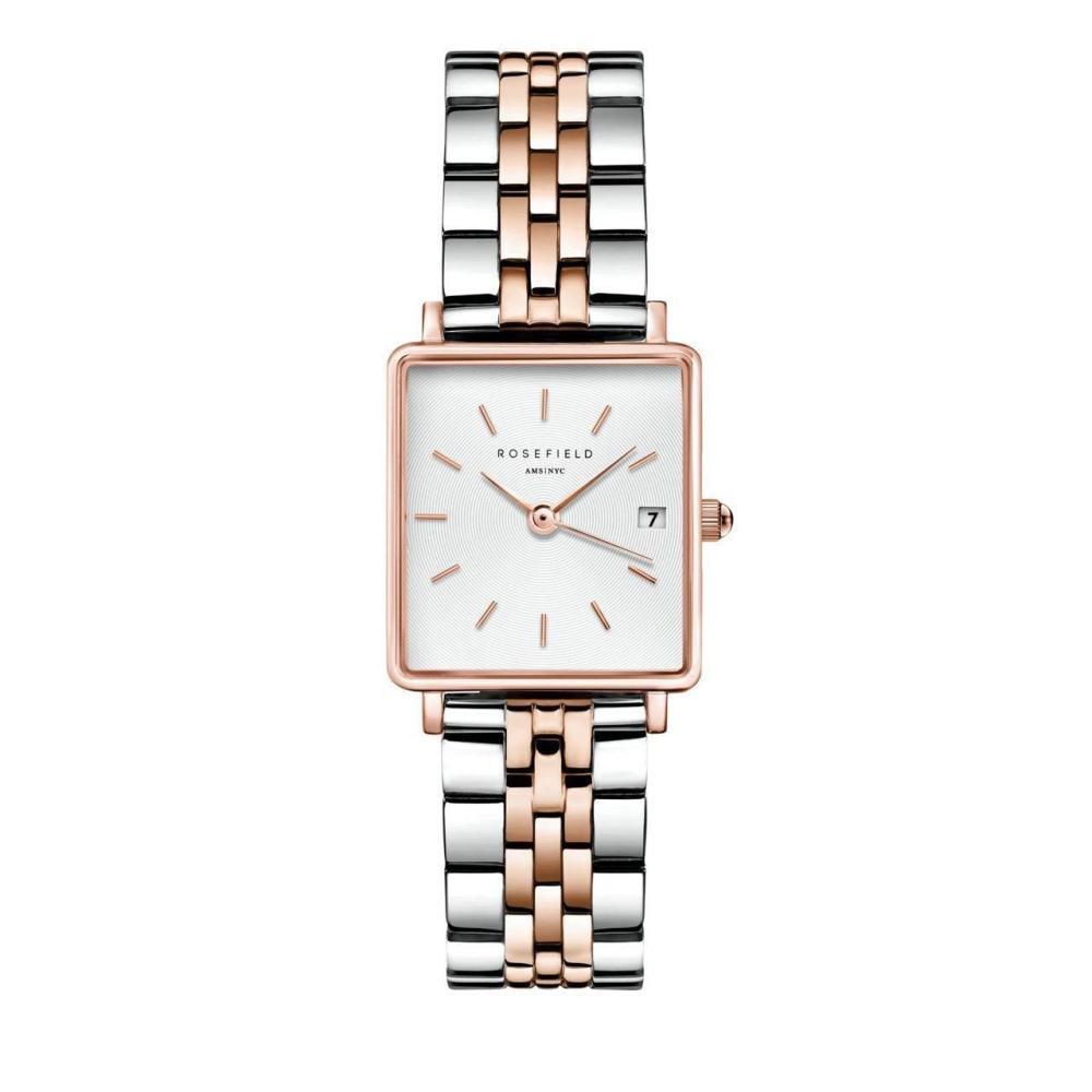 ROSEFIELD Women's Watch The Boxy XS White Sunray Steel Silver Rosegold Duo QMWSSR-Q024