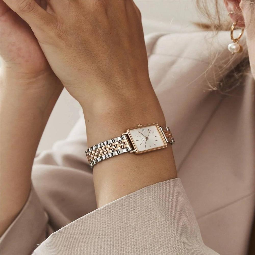 ROSEFIELD Women's Watch The Boxy XS White Sunray Steel Silver Rosegold Duo QMWSSR-Q024