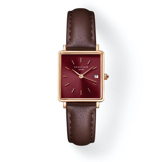 ROSEFIELD Damenuhr Boxy XS Burgundy Sunray Dark Brown Leather Rose Gold  QBBLR-Q56