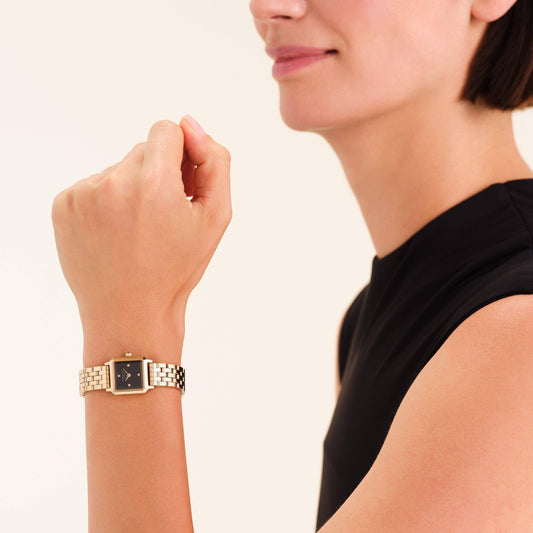 ROSEFIELD Damenuhr BOXELLE Schwarz-Gold 4 Kristall-Steine