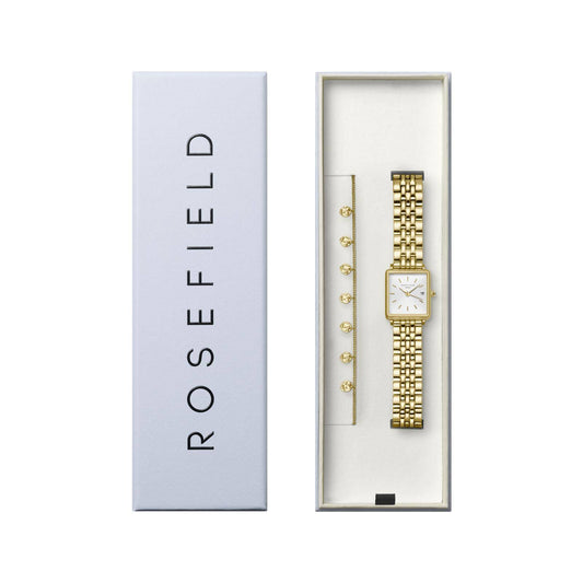 ROSEFIELD Uhren-Set Boxy XS White Sunray Gold + Multi Liquid Charms Armband Gold BMWLBG-X241