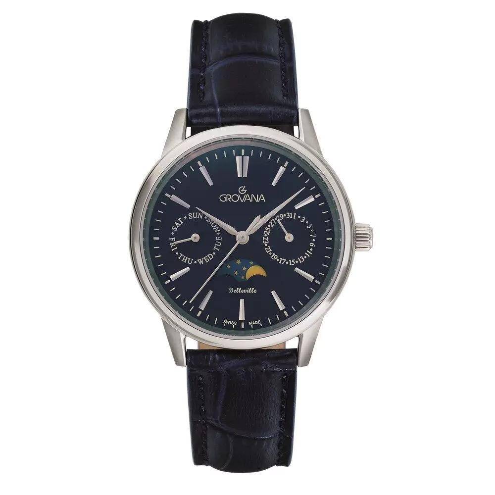 GROVANA Uhr Belleville Steel Leather Blue index 32.5mm Herren 3766,1535