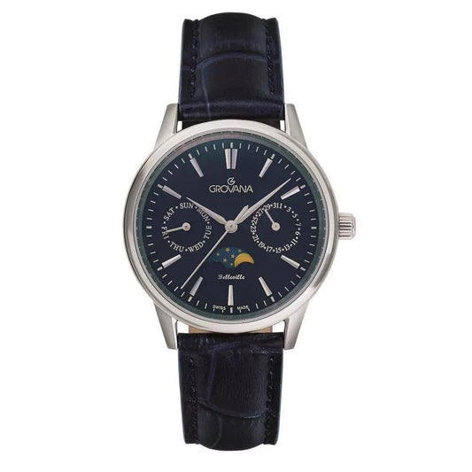 GROVANA Uhr Belleville Steel Leather Blue index 32.5mm Herren 3766,1535
