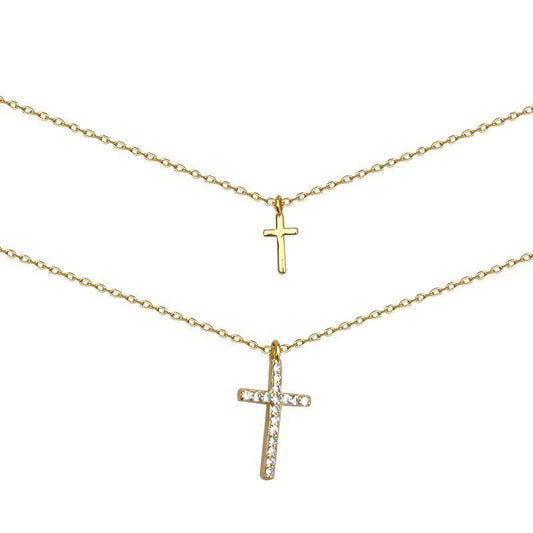 AMORETTO MILANO 925 Silber Doppelte Kette 2-Kreuze Zirkoniasteine Gold