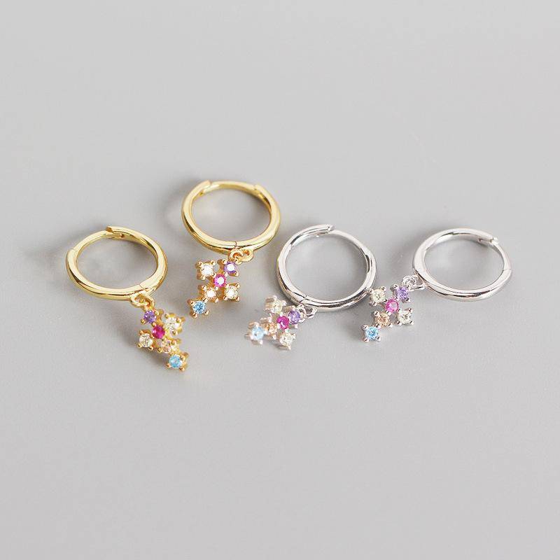 AMORETTO MILANO 925 Silver Cross Hoop Earrings Colorful Zirconia Stones Gold