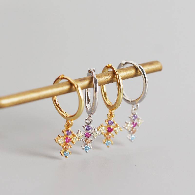AMORETTO MILANO 925 Silver Cross Hoop Earrings Colorful Zirconia Stones Gold