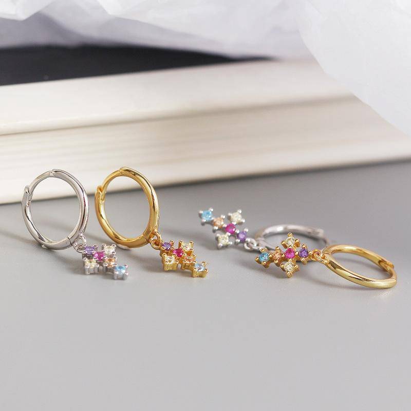 AMORETTO MILANO 925 Silver Cross Hoop Earrings Colorful Zirconia Stones Gold