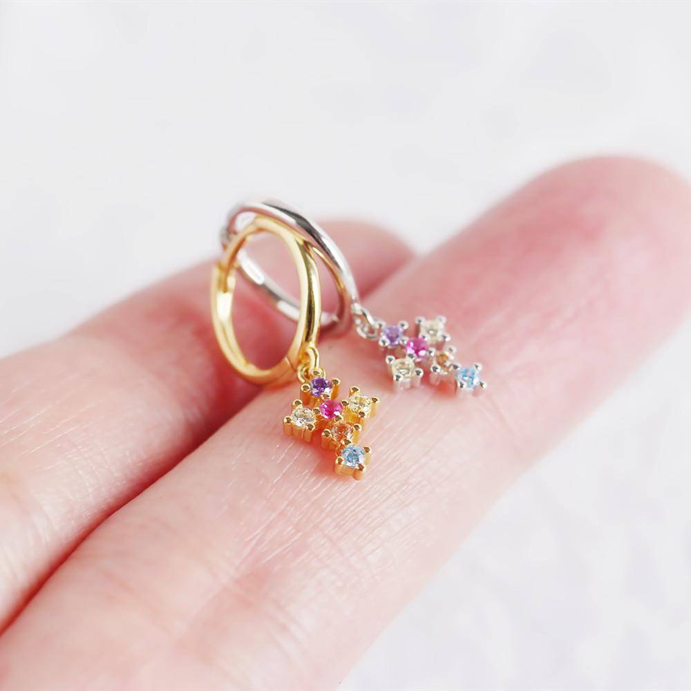 AMORETTO MILANO 925 Silver Cross Hoop Earrings Colorful Zirconia Stones Gold