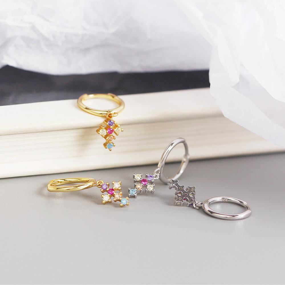 AMORETTO MILANO 925 Silver Cross Hoop Earrings Colorful Zirconia Stones Gold