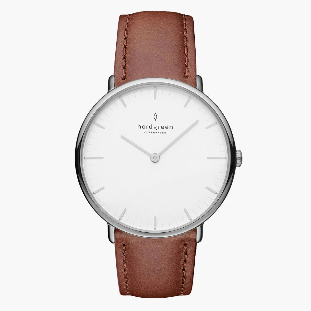 NORDGREEN Damenuhr Native 28 mm Silber Braun Leder