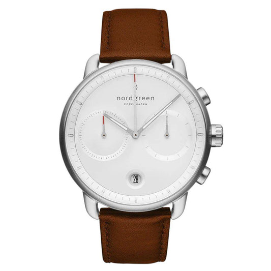 NORDGREEN Montre Homme Pioneer Chronographe 42 mm Argent Cuir Marron