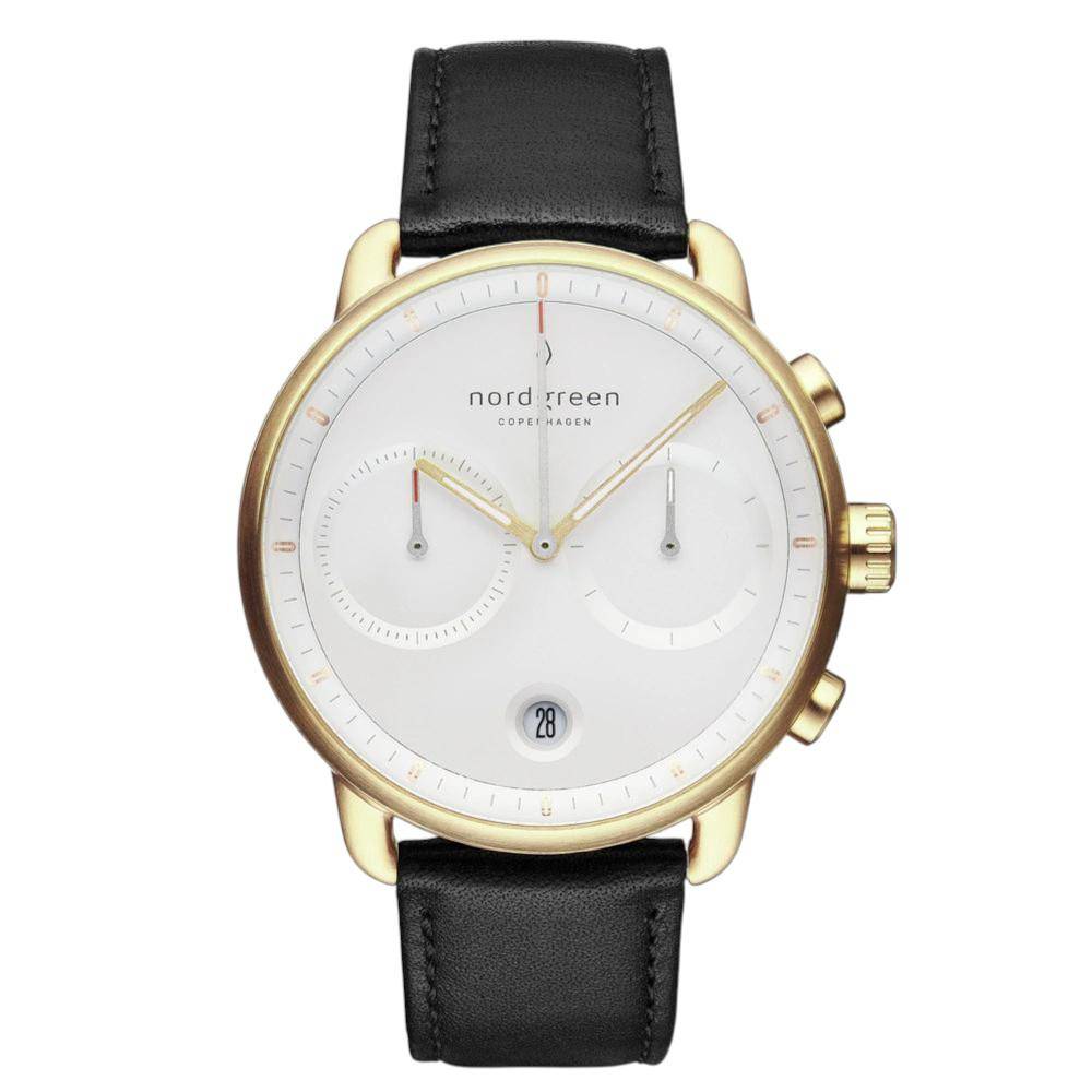 NORDGREEN Herrenuhr Pioneer Chronograph 42 mm Gold Schwarz Leder