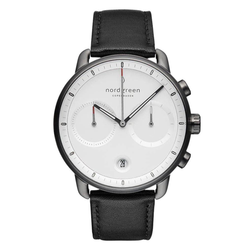 NORDGREEN Herrenuhr Pioneer Chronograph 42 mm Grau Schwarz Leder
