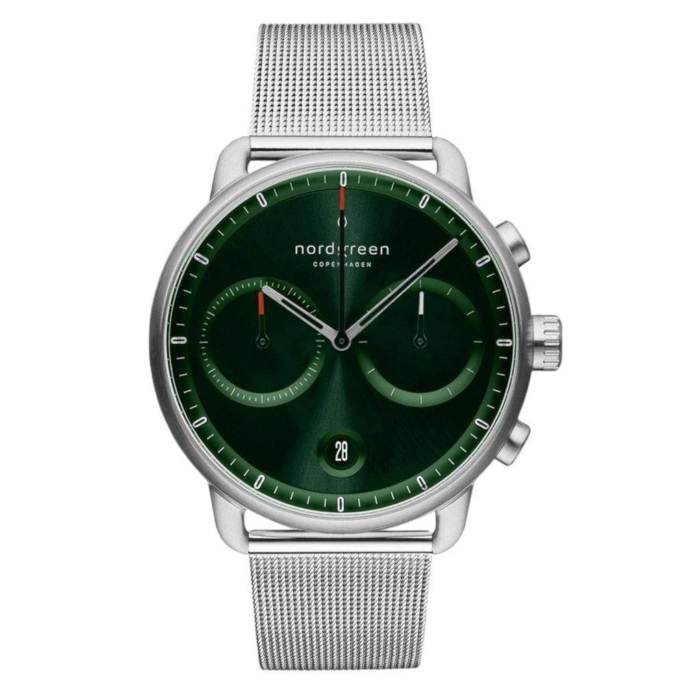 NORDGREEN Herrenuhr Pioneer Chronograph 42 mm Silber Grün Mesh